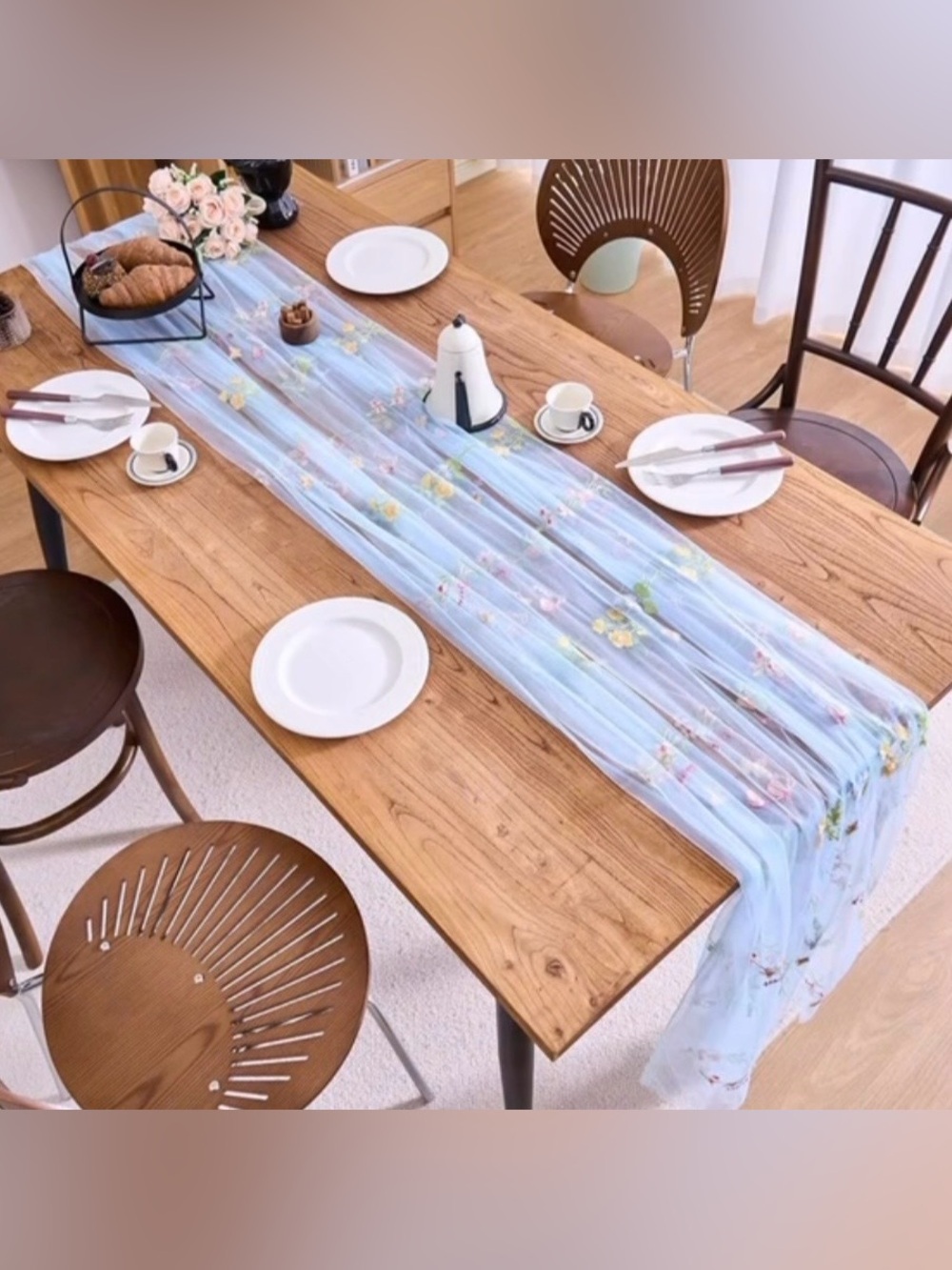 Table Runner | Light-Blue Tulle & Lace | Floral Embroidery